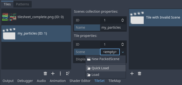 Creating a scene slot, then loading a scene file into it in the TileSet editor