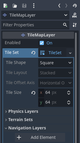 Creating a navigation layer in the TileSet resource inspector (within the TileMapLayer node)