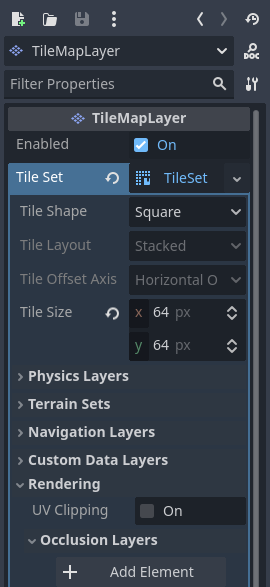 Creating an occlusion layer in the TileSet resource inspector (within the TileMapLayer node)