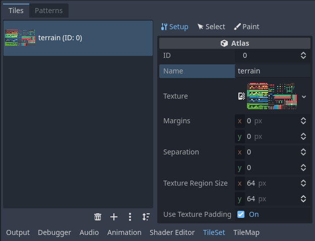 Adjusting TileSet atlas properties in the dedicated inspector (part of the TileSet panel)